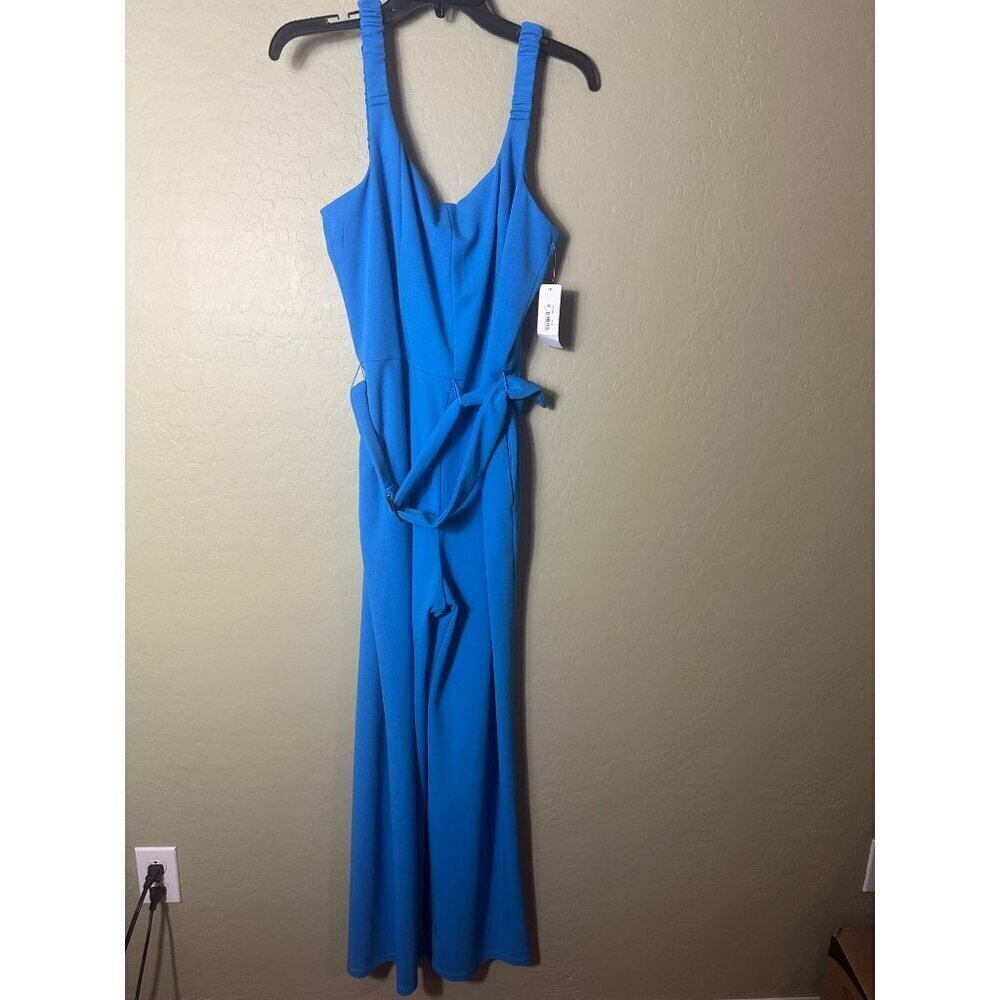 Donna Morgan Sleeveless Wide Leg Pant, Belt, Pockets Blue Jumpsuit SZ 14 - Picture 2 of 5